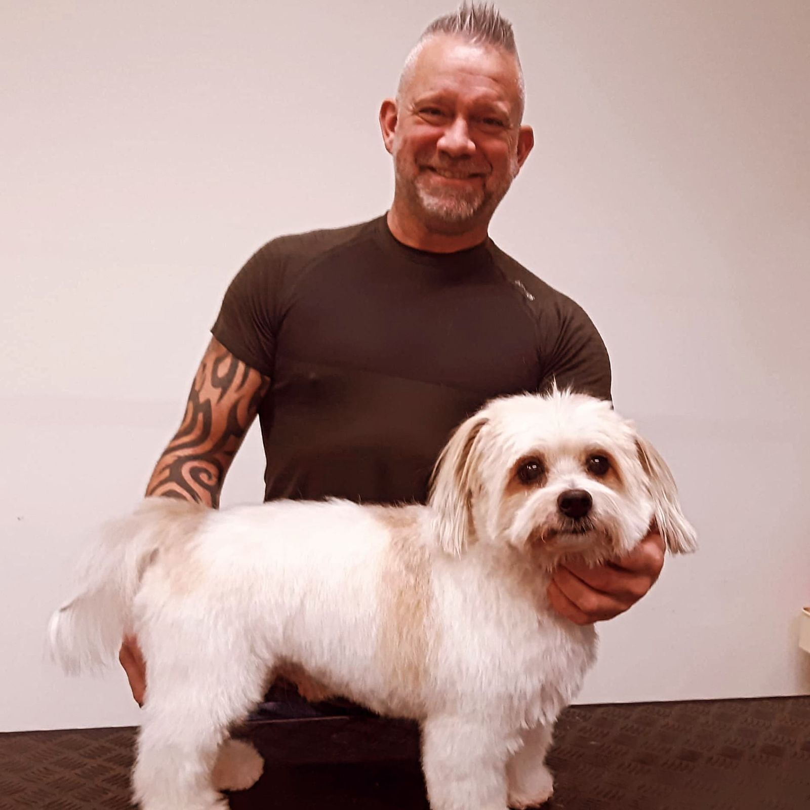 Een net geknipte witte hond in de armen van een lachende trimmer